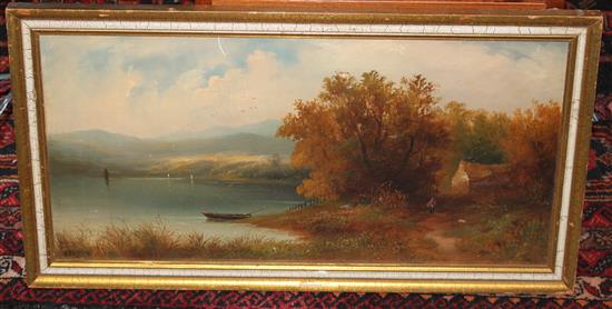 Scottish School, oil on canvas, loch scene, indistinctly signed, 30 x 60cm.